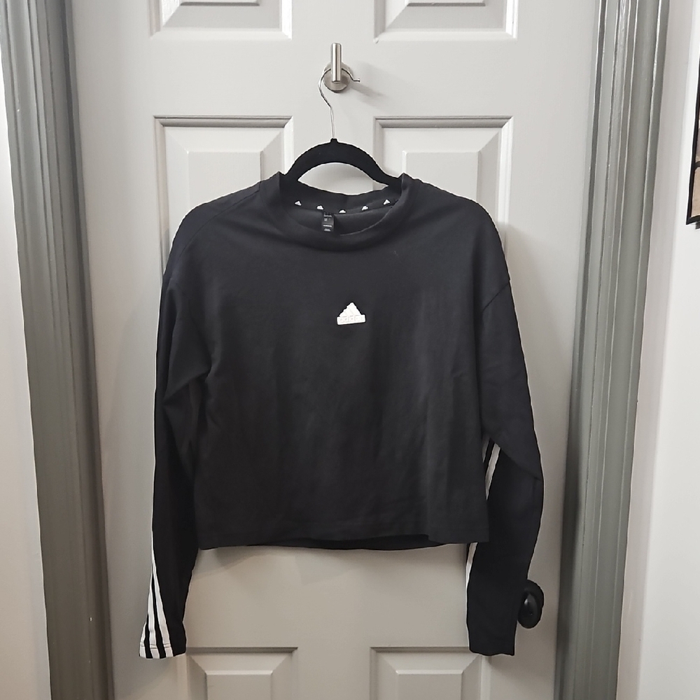 Adidas Black Long Sleeve with White Logo Crop Top